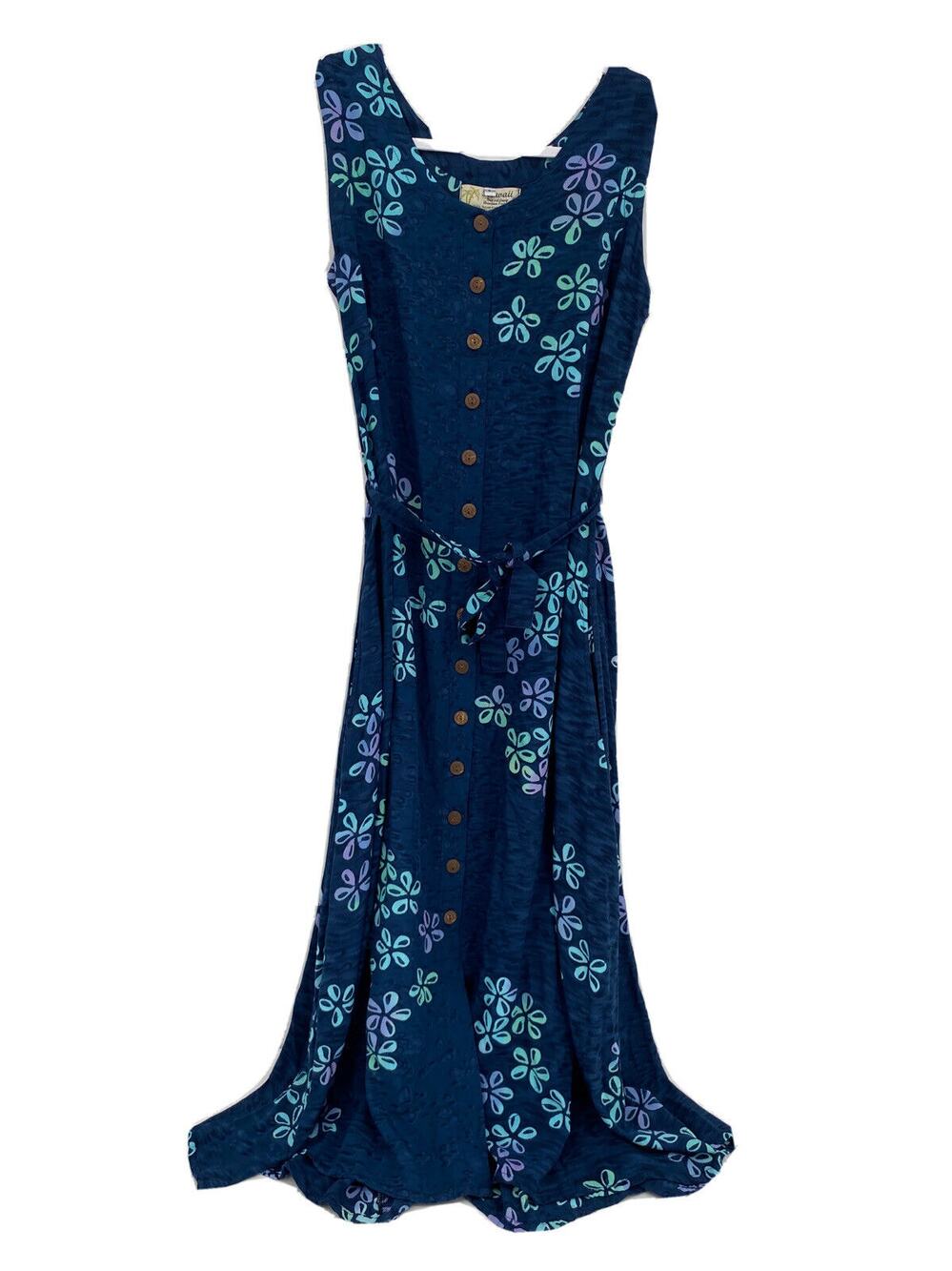 Hawaii Womens Floral Print V-Neck Sleeveless Button Front Belted Dress Blue S